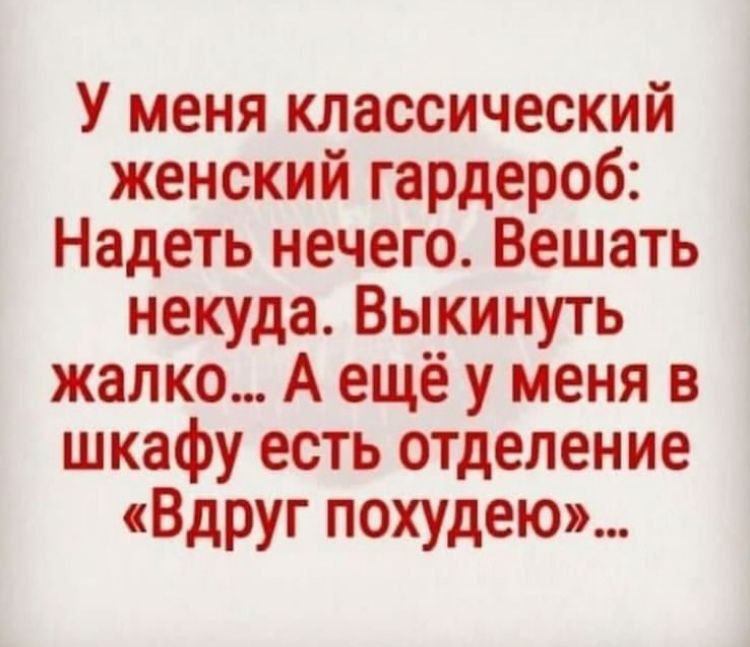 У меня классический женский гардероб Надеть нечего Вешать некуда Выкинуть жалко А ещё у меня в шкафу есть отделение Вдруг похудею