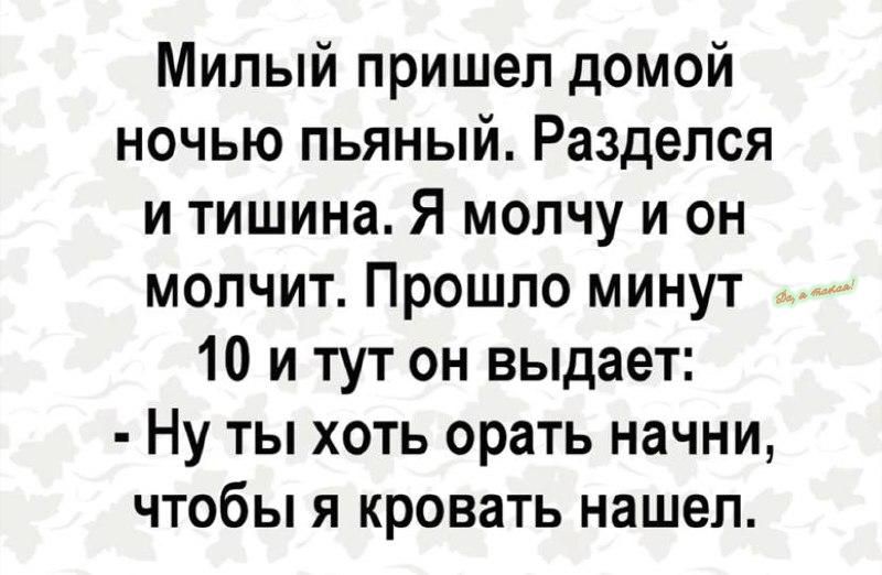 Милый пришел домой ночью пьяный Раздепся и тишина Я молчу и он молчит Прошло минут 10 и тут он выдает Ну ты хоть орать начни чтобы я кровать нашел