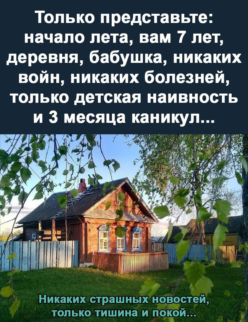 Только представьте начало лета вам 7 лет деревня бабушка никаких войн никаких болезней только детская наивность и 3 месяца каникул Г Никаких страшных новостей только тишина и покой