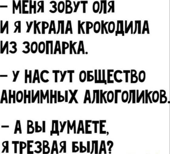 МЕНЯ ЗОВУТ ОЛЯ И Я УКРАЛА КРОКОДИЛА ИЗ ЗООПАРКА У НАС ТУТ ОБЩЕСТВО АНОНИМНЫХ АЛКОГОЛИКОВ А Вы дУМАЕТЕ Я ТРЕЗВАЯ БЫЛА