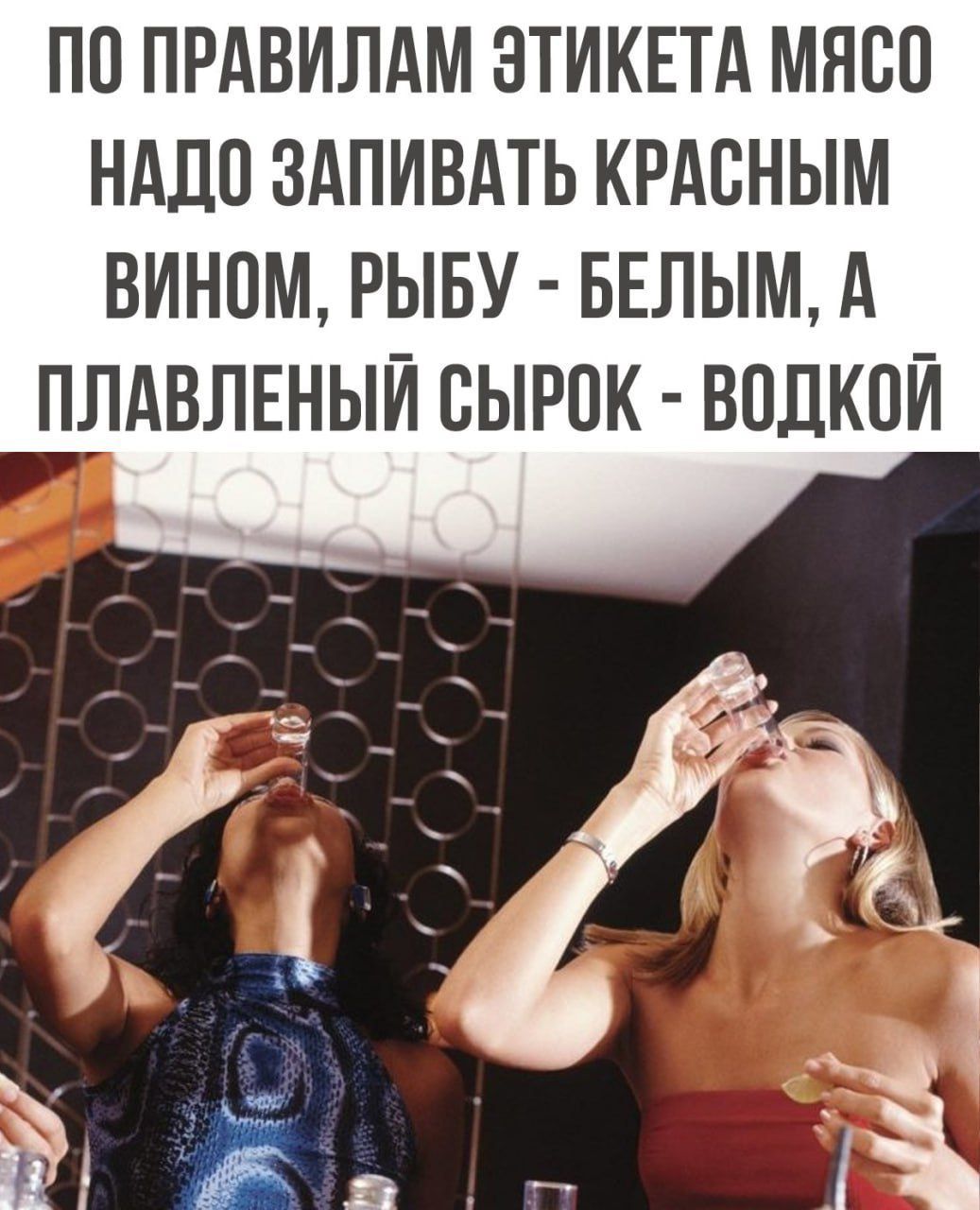 ПО ПРАВИЛАМ ЗТИКЕТА МЯСО НАДО ЗАПИВАТЬ КРАВНЫМ ВИНОМ РЫБУ БЕЛЫМ д ПЛАВЛЕНЫЙ СЫРПК ВОДКОЙ