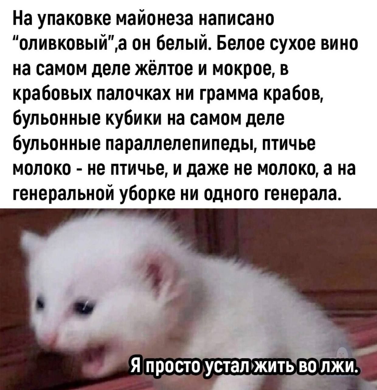 На упаковке майонеза написано оливковыйа он белый Белое сухое вино на самом деле жёлтое и мокрое в крабовых палочках ни грамма крабов бульонные кубики на самом деле бульонные параллелепипеды птичье молоко не птичье и даже не молоко а на генеральной уборке ни одного генерала Я просто усталжить во лжи