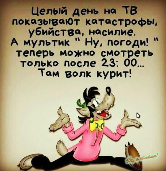 Целый день на в показываЮт катастрофы убийства насилие А мультик Ну погоди ъ теперь можно смотреть только после 23 00 Там волк курит