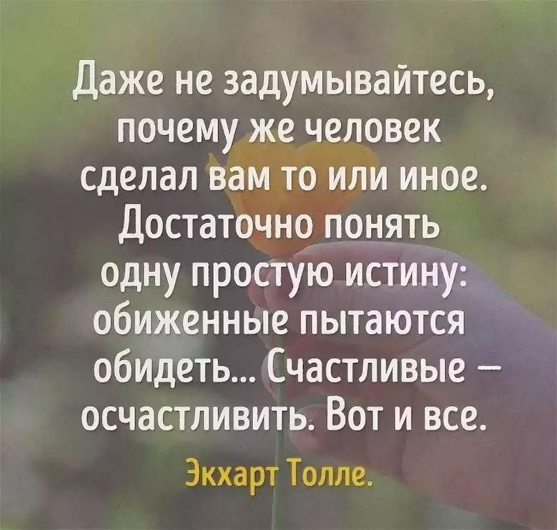 Даже не задумывайтесь почему же человек сделал вам то или иное Достаточно понять одну простую истину обиженные пытаются обидеть Счастливые осчастливить Вот и все Экхарт Толле