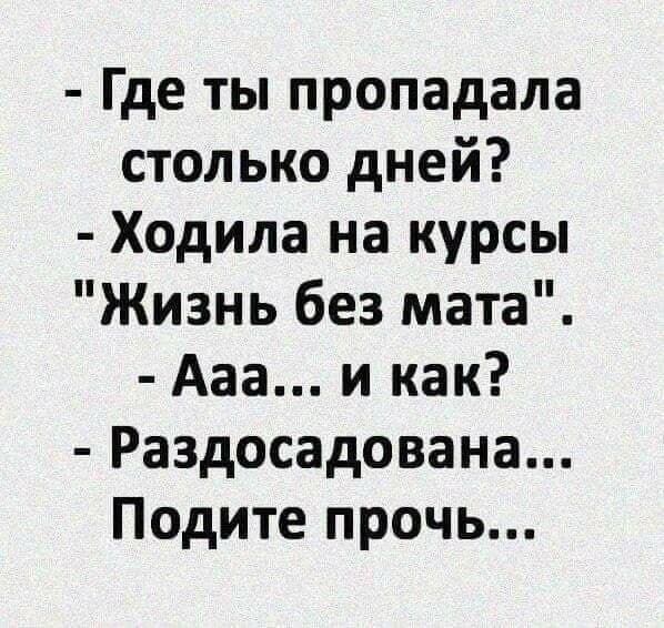 Где ты пропадала столько дней Ходила на курсы Жизнь без мата Ааа и как Раздосадована Подите прочь