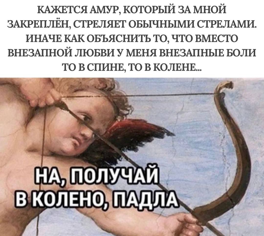 КАЗАЛСЯ АМУР, КОТОРЫЙ ЗА МНОЙ ЗАКРЕПЛЁН, СТРЕЛЯЕТ ОБЫЧНЫМИ СТРЕЛАМИ. ИНАЧЕ КАК ОБЪЯСНИТЬ ТО, ЧТО ВМЕСТО ВНЕЗАПНОЙ ЛЮБВИ У МЕНЯ ВНЕЗАПНЫЕ БОЛИ ТО В СПИНЕ, ТО В КОЛЕНЕ...
НА, ПОЛУЧАЙ В КОЛЕНО, ПАДЛА