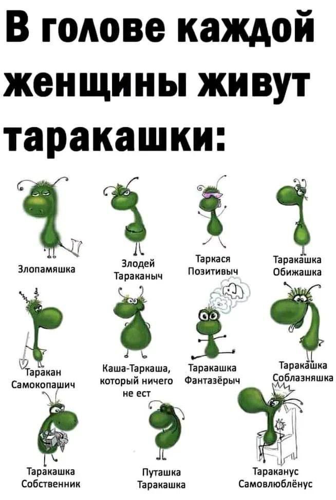 В голове каждой женщины живут таракашки:

1. Злопамятшка  
2. Злодей Тараканыч  
3. Таракся Позитивыч  
4. Таракашка Обидушка  
5. Таракан Самокопашка  
6. Каша-Тараша, который ничего не ест  
7. Тарашка Фантазёрчик  
8. Тарашка Собственник  
9. Путашка Таракашка  
10. Тараканус Самовлюблёншка