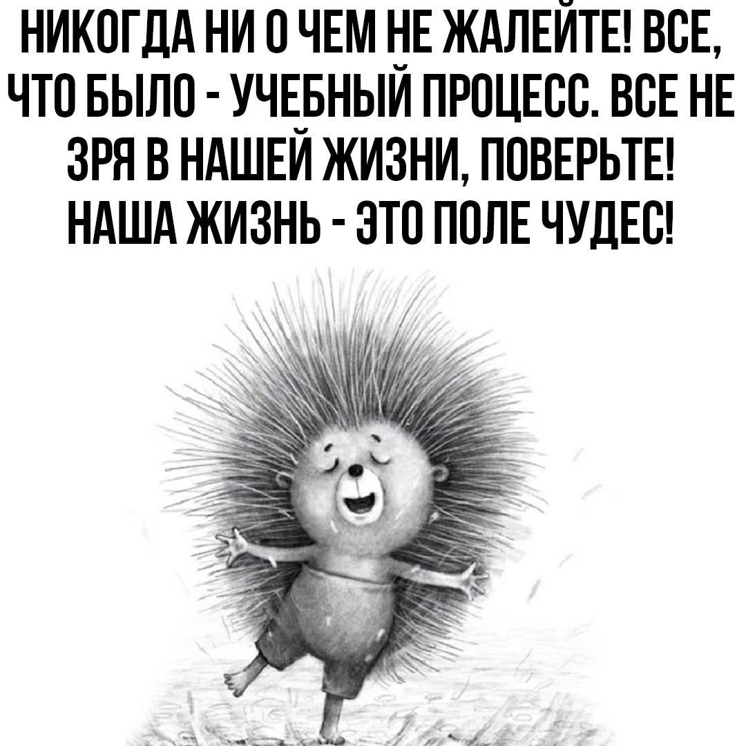 НИКПОГДА НИ О ЧЕМ НЕ ЖАЛЕЙТЕ! ВСЁ, ЧТО БЫЛО - УЧЕБНЫЙ ПРОЦЕСС. ВСЁ НЕ ЗРЯ В НАШЕЙ ЖИЗНИ, ПОВЕРЬТЕ! НАША ЖИЗНЬ - ЭТО ПОЛЕ ЧУДЕС!