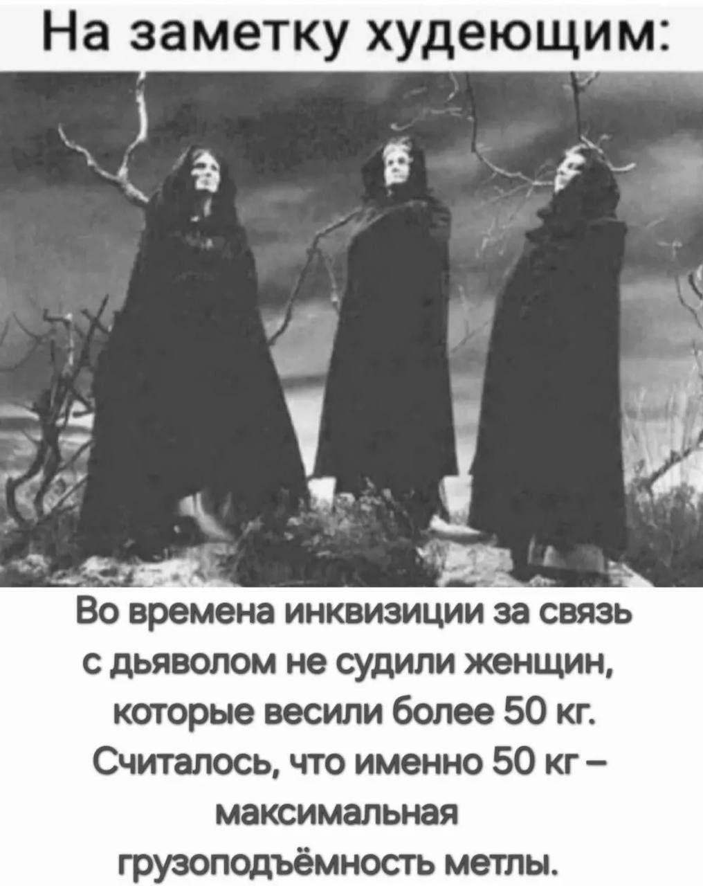 На заметку худеющим:

Во времена инквизиции за связь с дьяволом не судили женщин, которые весили более 50 кг. Считалось, что именно 50 кг – максимальная грузоподъёмность метлы.