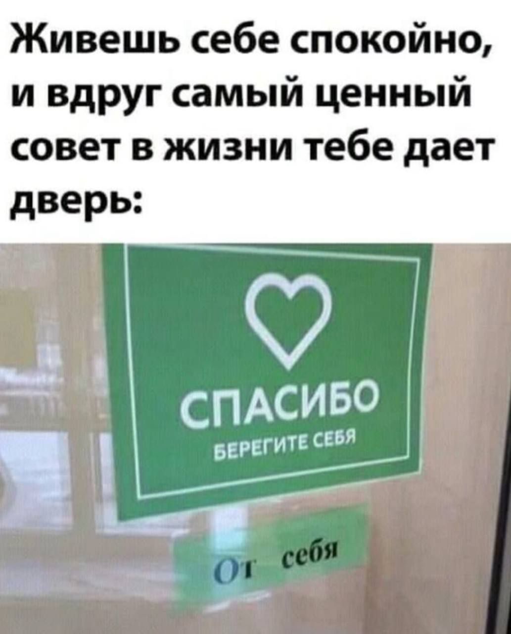 Живешь себе спокойно, и вдруг самый ценный совет в жизни тебе дает дверь: СПАСИБО БЕРЕГИТЕ СЕБЯ От себя
