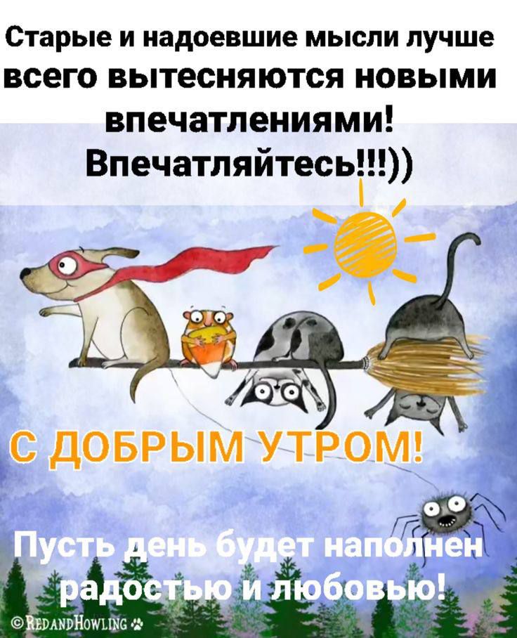 Старые и надоевшие мысли лучше всего вытесняются новыми впечатлениями! Впечатляйтесь!!!

С ДОБРЫМ УТРОМ!

Пусть день будет наполнен радостью и любовью!