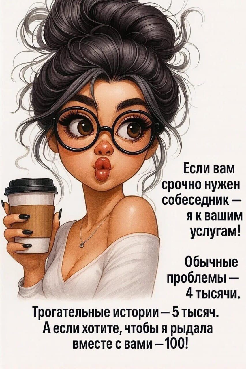 Если вам срочно нужен собеседник — я к вашим услугам! Обычные проблемы — 4 тысячи. Трогательные истории — 5 тысяч. А если хотите, чтобы я рыдала вместе с вами — 100!