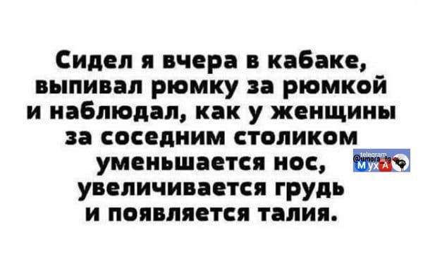 Сидел я вчера в кабаке, выпивал рюмку за рюмкой и наблюдал, как у женщины за соседним столиком уменьшается нос, увеличивается грудь и появляется талия.
