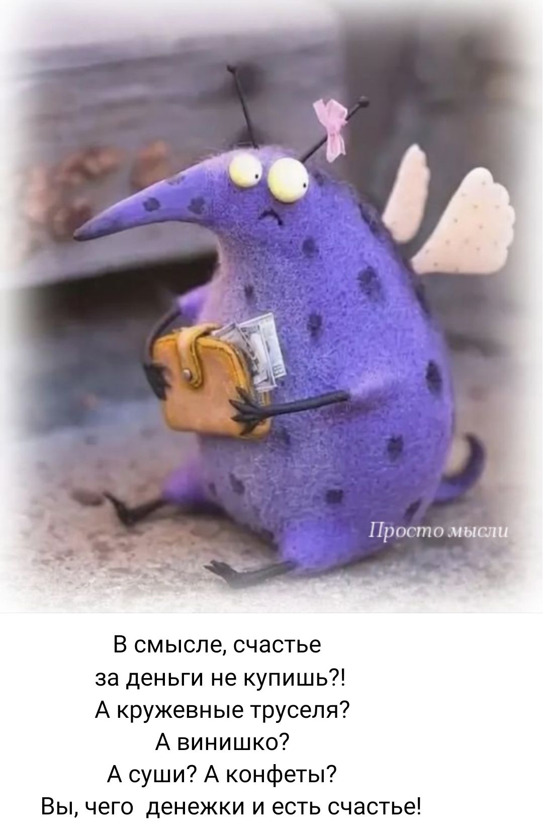 В смысле, счастье за деньги не купишь?! А кружевные труселя? А винишко? А суши? А конфеты? Вы, чего денежки и есть счастье!