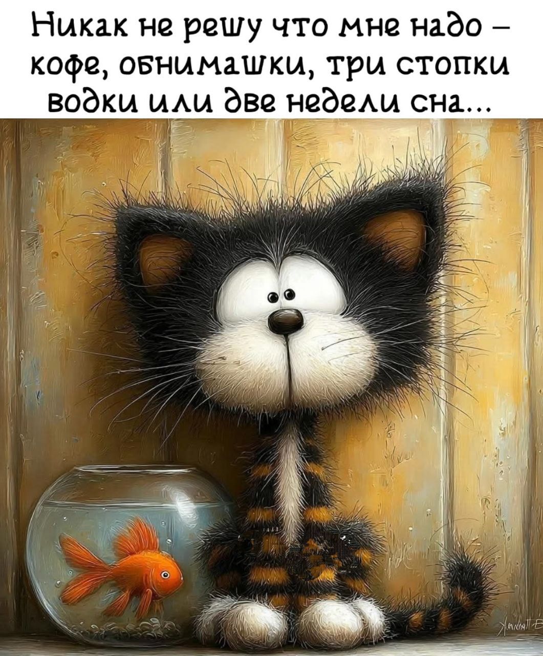 Никак не решу что мне надо – кофе, обнимиашки, три стопки водки или две недели сна...