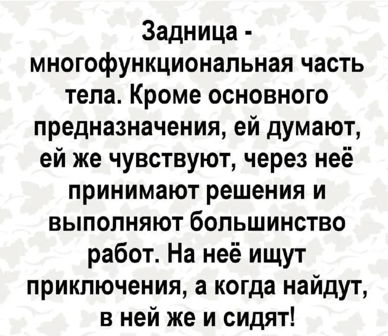 Задница - многофункциональная часть тела. Кроме основного назначения, ей думают, ей же чувствуют, через неё принимают решения и выполняют большинство работ. На неё ищут приключения, а когда найдут, в ней же и сидят!