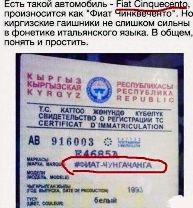 Есть такой автомобиль - Fiat Cinquecento, произносится как «Фиат чнквентo». Но kyrgyzские гашишники не слишком сильны в фонетике итальянского языка. В общем, понять и простить.
