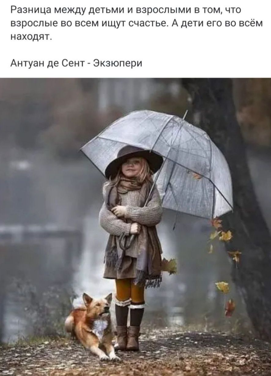 Разница между детьми и взрослыми в том, что взрослые во всем ищут счастье. А дети его во всём находят. Антуан де Сент-Экзюпери