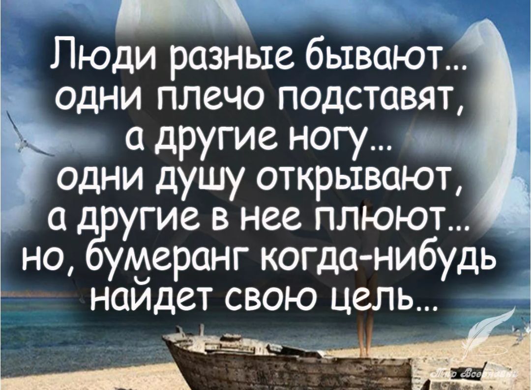 Люди разные бывают... одни плечо подставят, а другие ногу... одни душу открывают, а другие в нее плюют... но, бу́меранг когда-нибудь найдет свою цель...