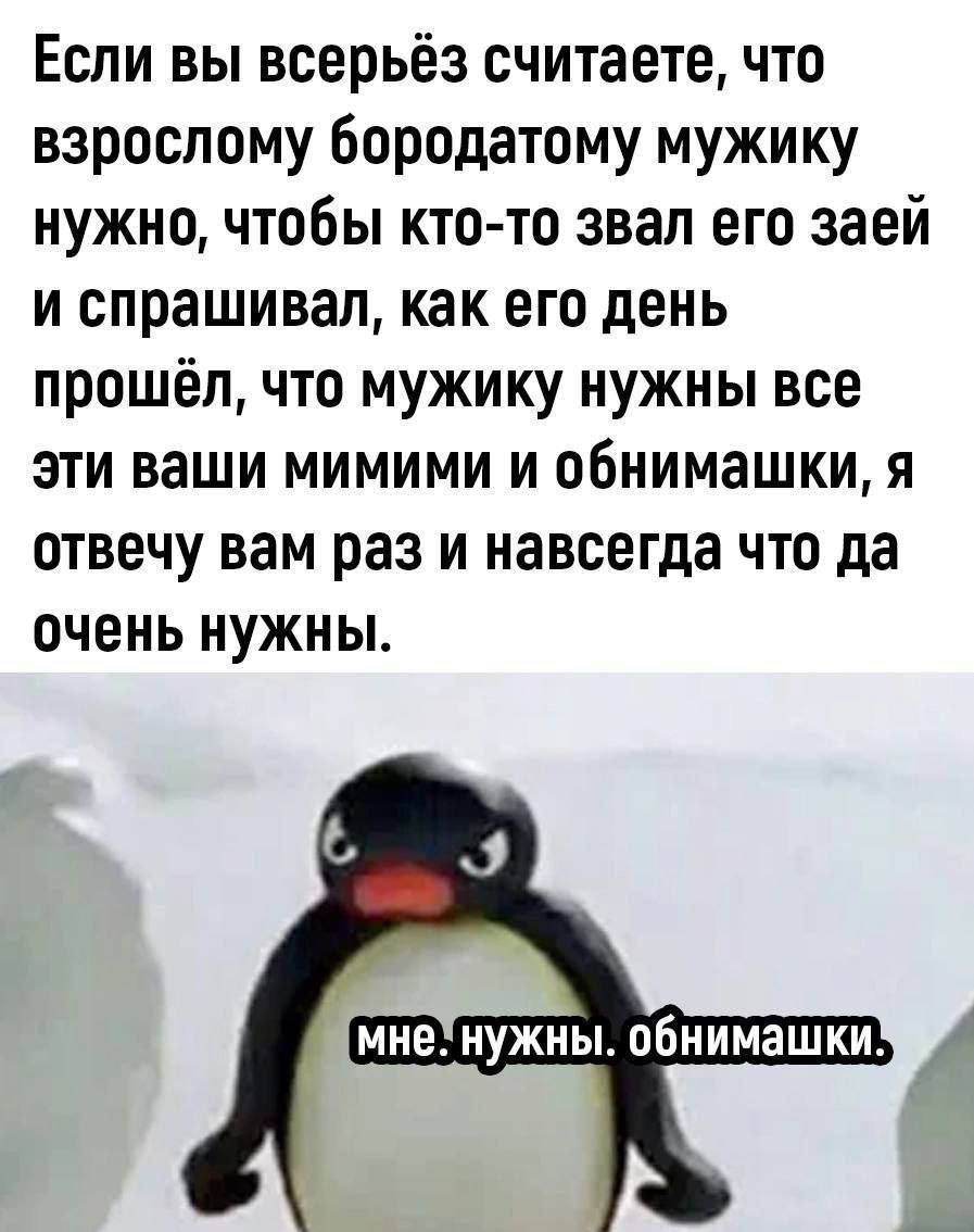 Если вы всерьёз считаете, что взрослому бородатому мужику нужно, чтобы кто-то звал его заяй и спрашивал, как его день прошёл, что мужику нужны все эти ваши мимими и обнимашки, я отвечу вам раз и навсегда: да, очень нужны. Мне. нужны. обнимашки.