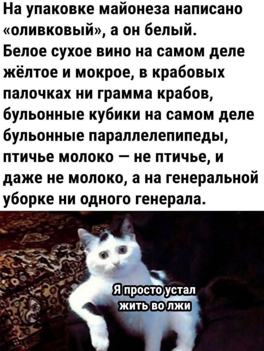 На упаковке майонеза написано «оливковый», а он белый.
Белое сухое вино на самом деле жёлтое и мокрое, в крабовых палочках ни грамма крабов, бульонные кубики на самом деле бульонные параллелепипеды, птичье молоко — не птиче, и даже не молоко, а генеральной уборке ни одного генерала.
Я просто устал жить во лжи