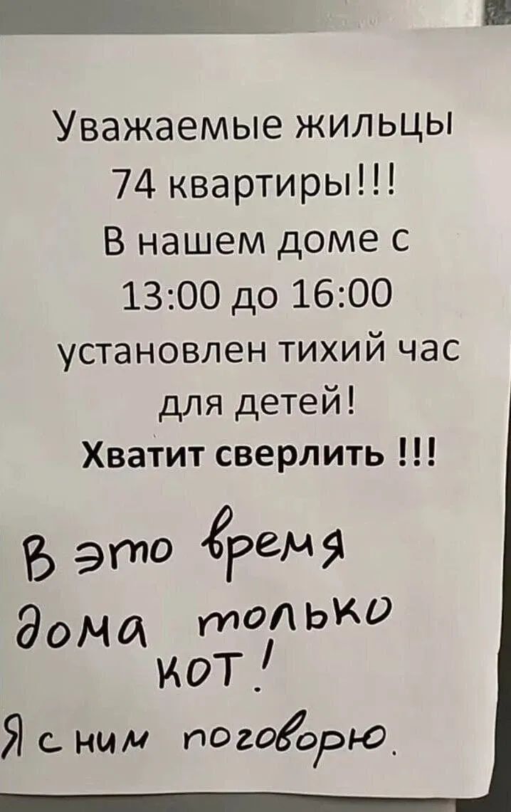 Уважаемые жильцы 74 квартиры!!! В нашем доме с 13:00 до 16:00 установлен тихий час для детей! Хватит сверлить!!! В это время дома только кот! Я с ним поговорю.