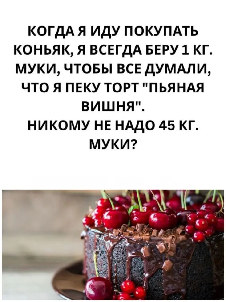 КОГДА Я ИДУ ПОКУПАТЬ КОНЬЯК, Я ВСЕГДА БЕРУ 1 КГ. МУКИ, ЧТОБЫ ВСЕ ДУМАЛИ, ЧТО Я ПЕКУ ТОРТ 
