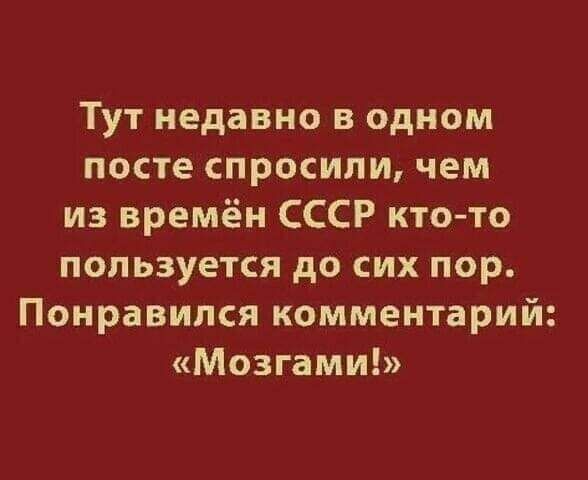 Тут недавно в одном посте спросили, чем из времен СССР кто-то пользуется до сих пор. Понравился комментарий: «Мозгами!»