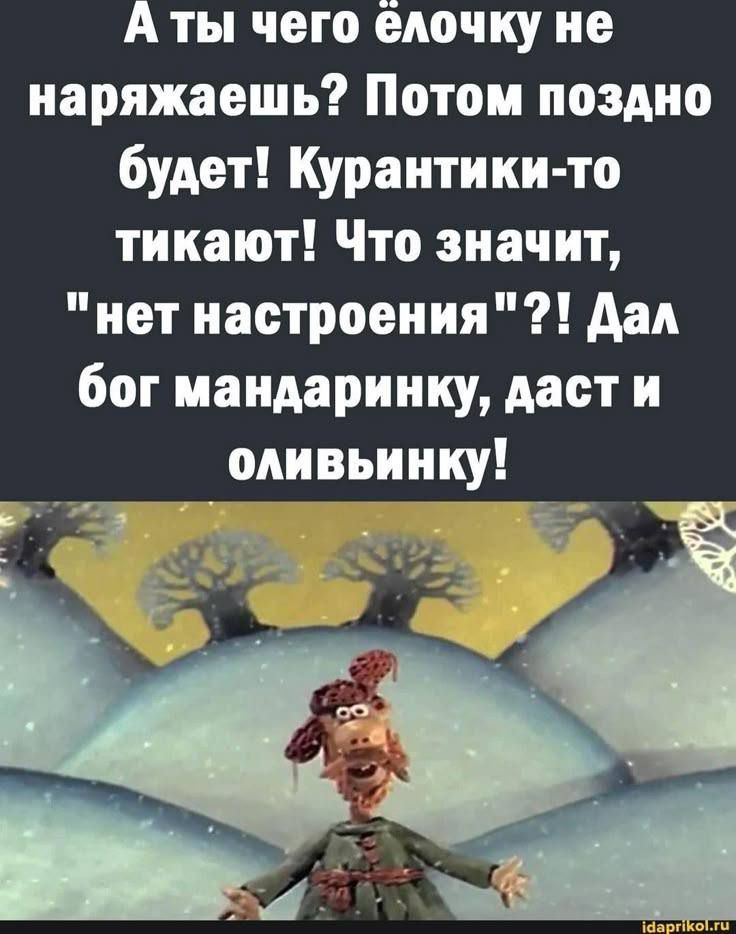А ты чего ёлочку не наряжаешь? Потом поздно будет! Куртаники-то тикуют! Что значит, 
