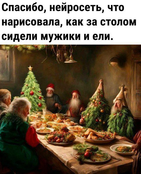 Спасибо, нейросеть, что нарисовала, как за столом сидели мужики и ели.