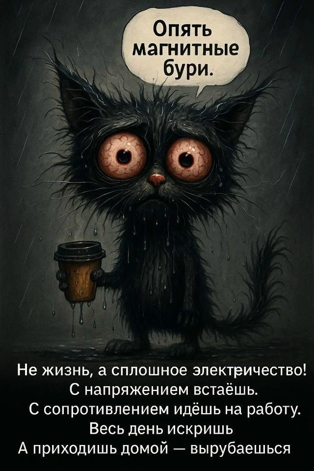 Опять магнитные бури.\nНе жизнь, а сплошное электричество! С напряжением встаёшь. С сопротивлением идёшь на работу. Весь день искришь А приходишь домой — вырубаешься