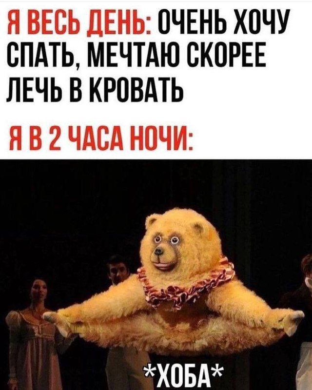 Я ВЕСЬ ДЕНЬ: ОЧЕНЬ ХОЧУ СПАТЬ, МЕЧТАЮ СКОРЕЕ ЛЕЧЬ В КРОВАТЬ
Я В 2 ЧАСА НОЧИ:
*ХОБА*