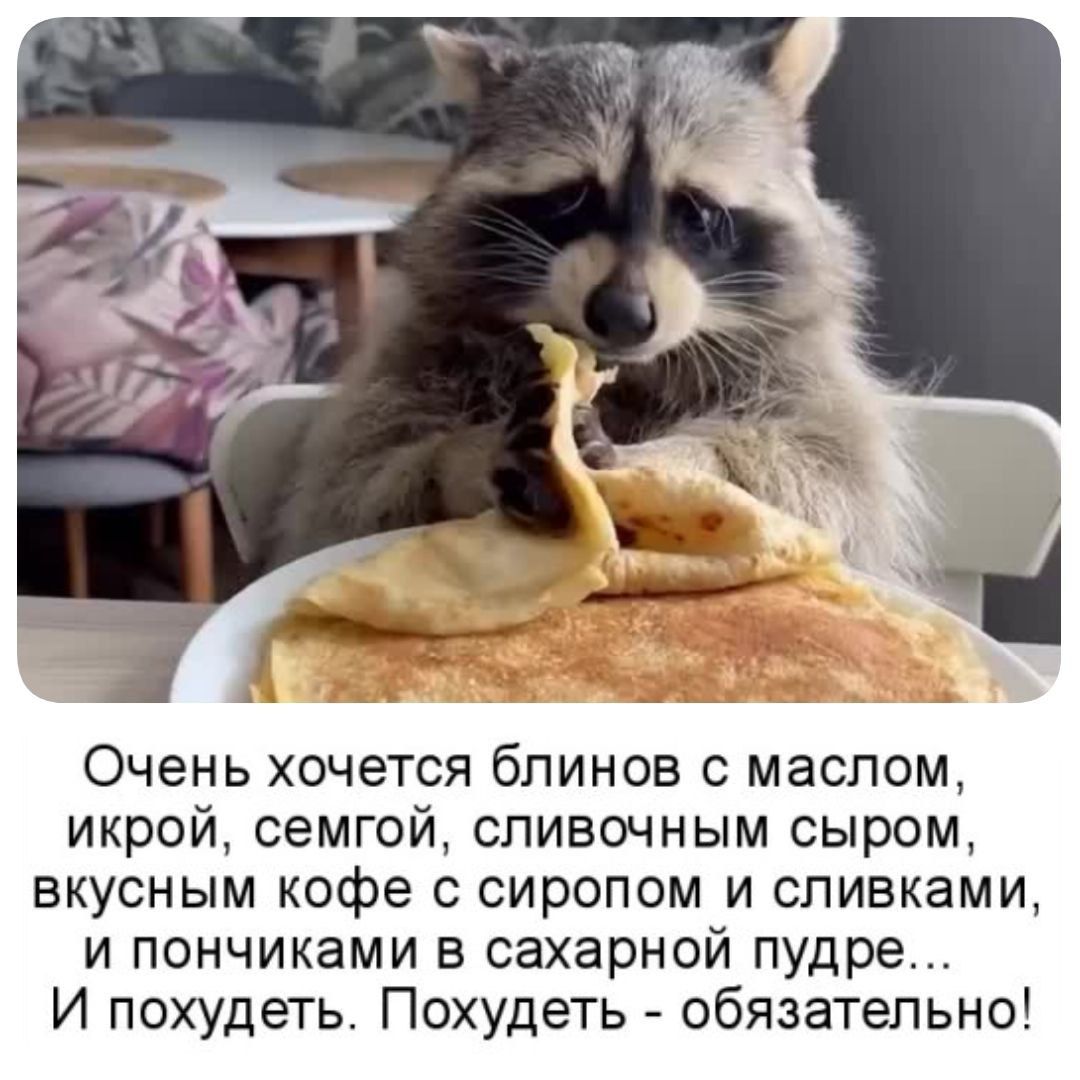 Очень хочется блинов с маслом, икрой, семгой, сливочным сыром, вкусным кофе с сиропом и сливками, и пончиками в сахарной пудре... И похудеть. Похудеть - обязательно!