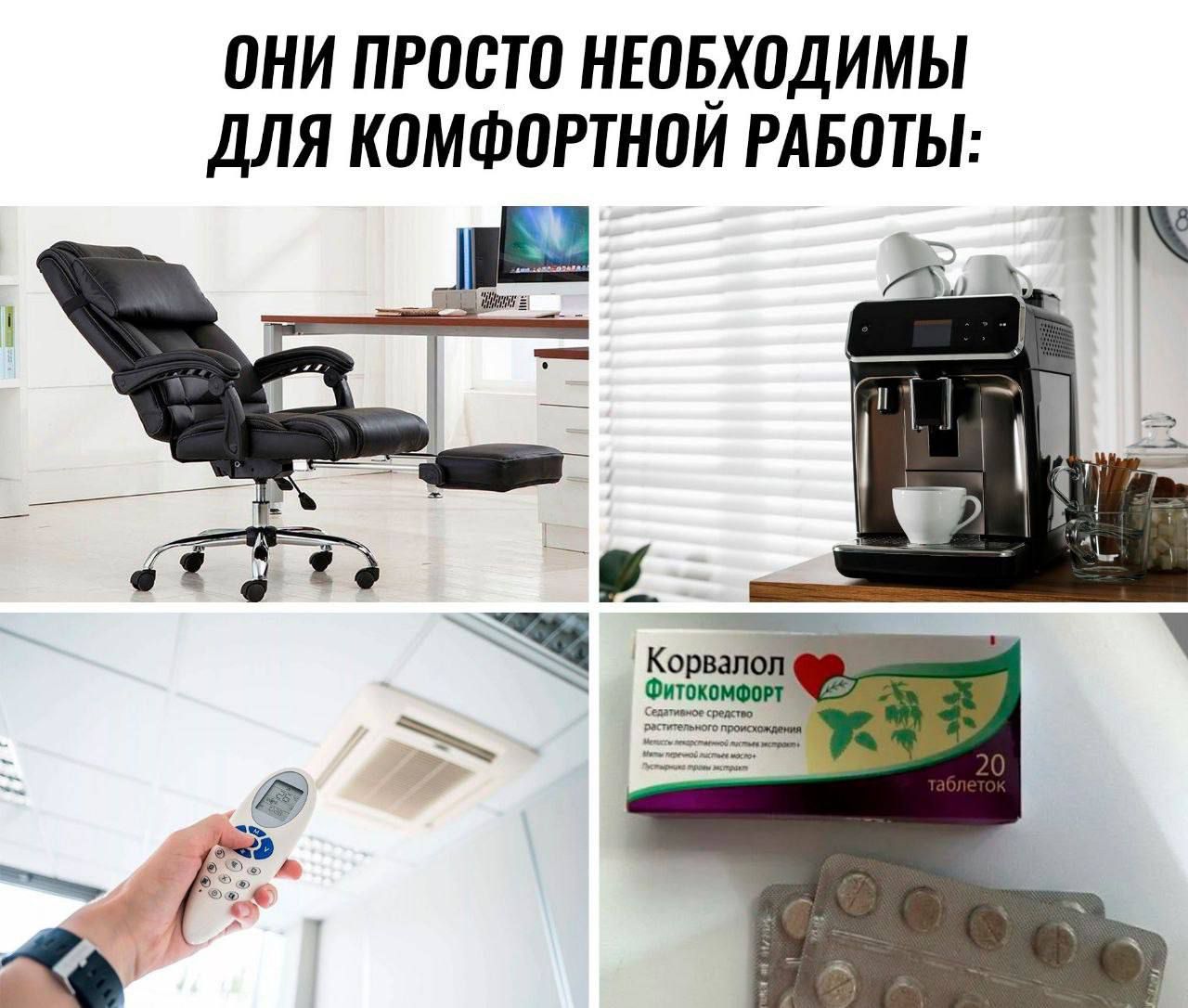 ОНИ ПРОСТО НЕОБХОДИМЫ ДЛЯ КОМФОРТНОЙ РАБОТЫ: кресло, кофемашина, пульт, Корвалол Фитокомфорт таблетки.