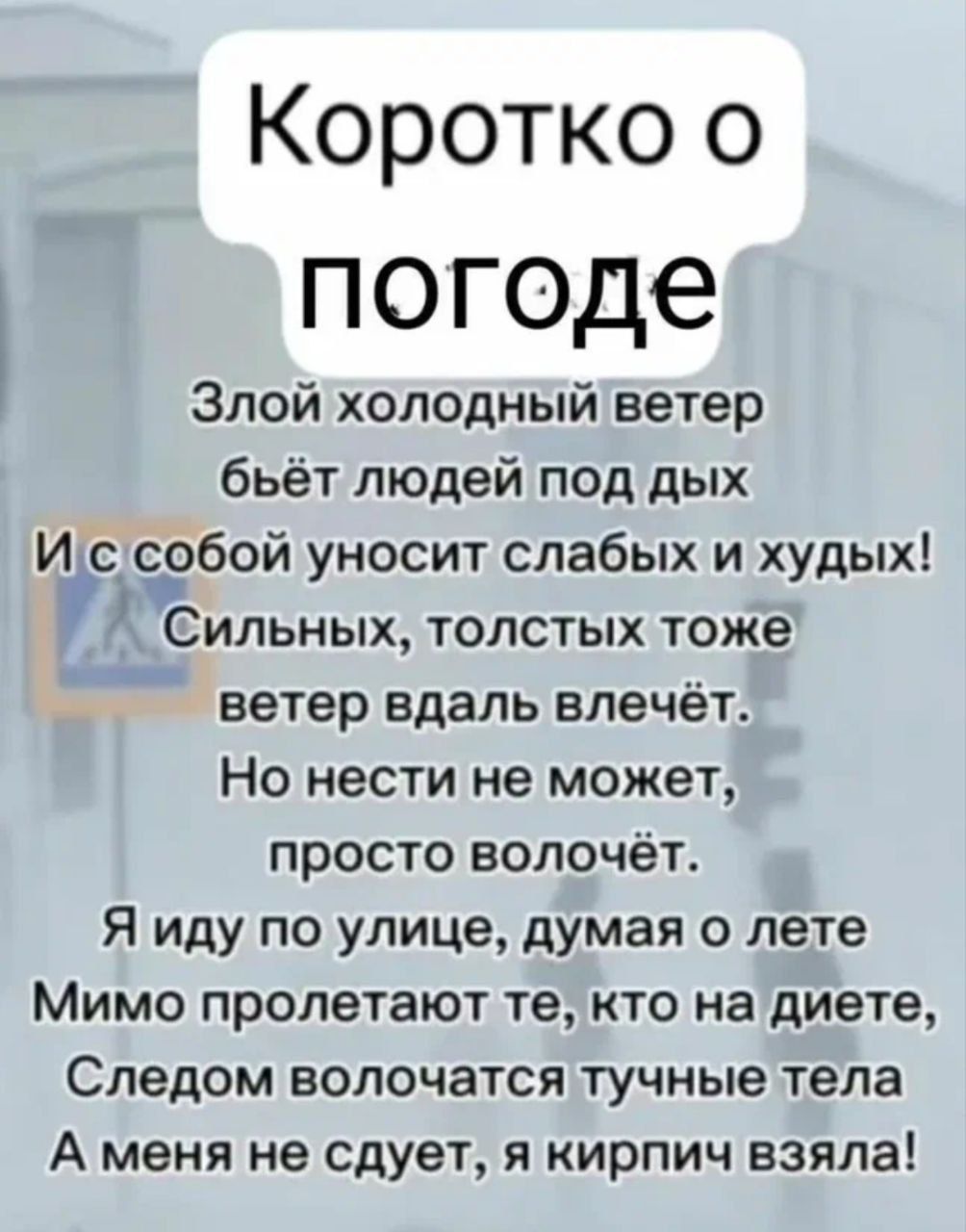 Коротко о погоде Злой холодный ветер бьёт людей под дых И с собой уносит слабых и худых! Сильных, толстых тоже ветер вдаль влечёт. Но нести не может, просто волочёт. Я иду по улице, думая о лете Мимо пролетают те, кто на диете, Следом волочатся тучные тела А меня не сдует, я кирпич взяла!