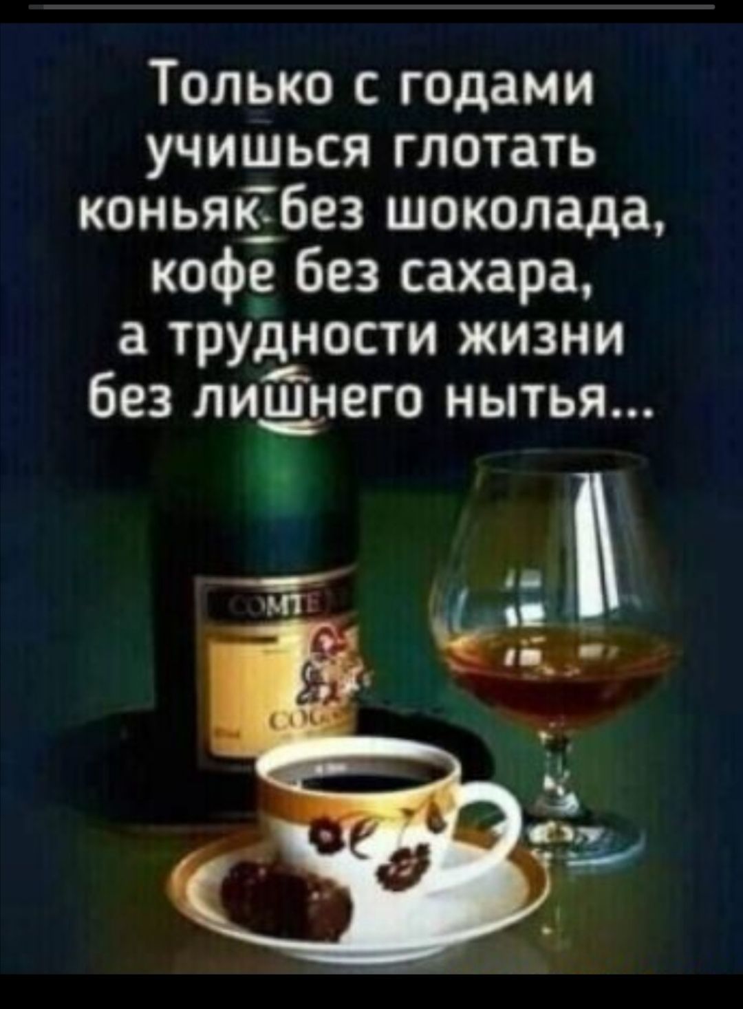 Только с годами учишься глотать коньяк_ без шоколада кофе без сахара а трудности жизни без лишнего мытья