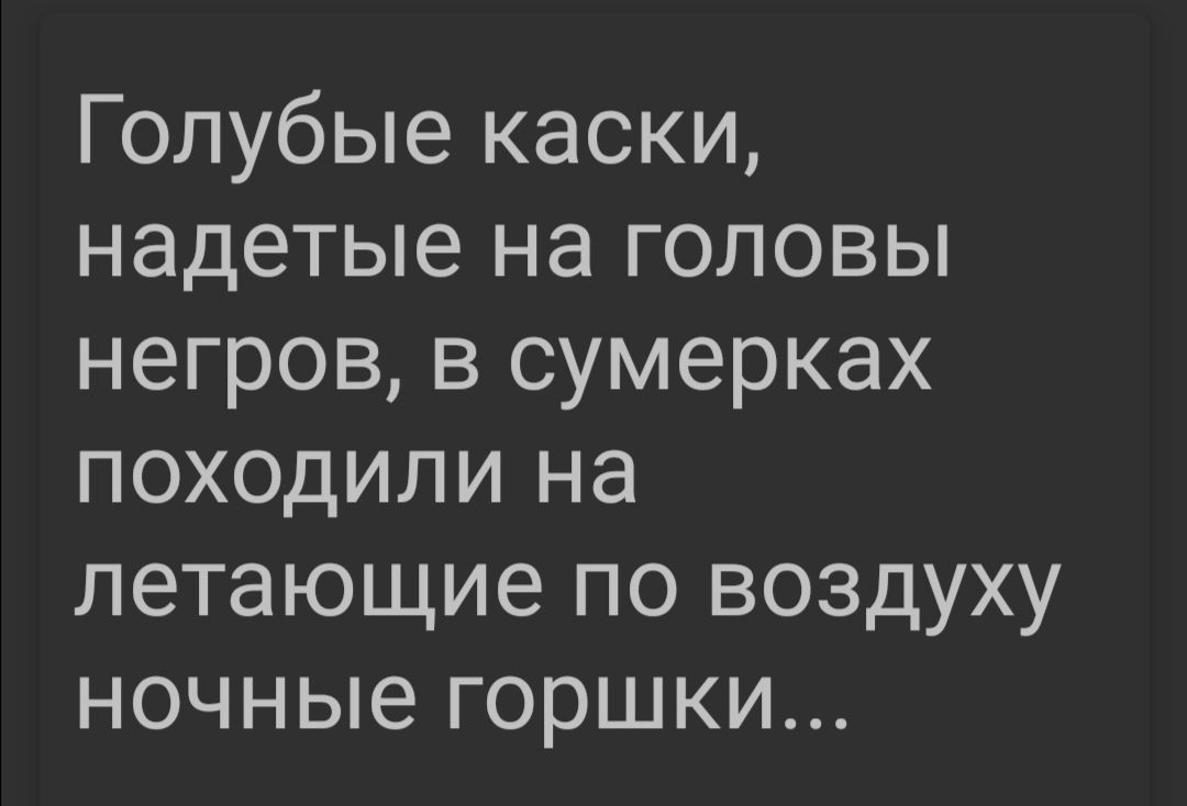 Голубые каски надетые на головы негров в сумерках походили на летающие по воздуху ночные горшки