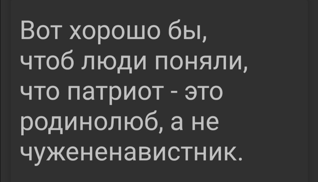 Вот хорошо бы чтоб люди поняли что патриот это родинолюб а не чужененавистник