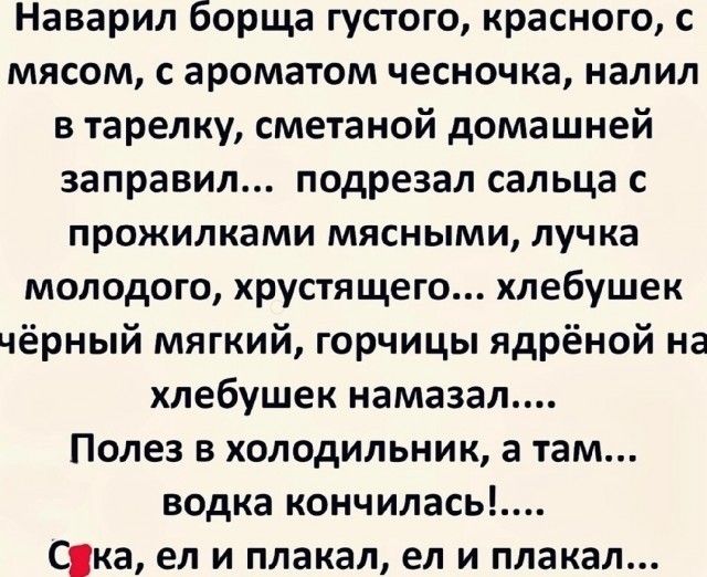 Наварил борща густого красного с мясом с ароматом чесночка налил в тарелку сметаной домашней заправил подрезал сальца с прожилками МЯСНЬМИ лучка молодого хрустящего хлебушек чёрный мягкий горчицы ядрёной на хлебушек намазал Полез в холодильник а там водка кончилась Спа ел и плакал ел и плакал