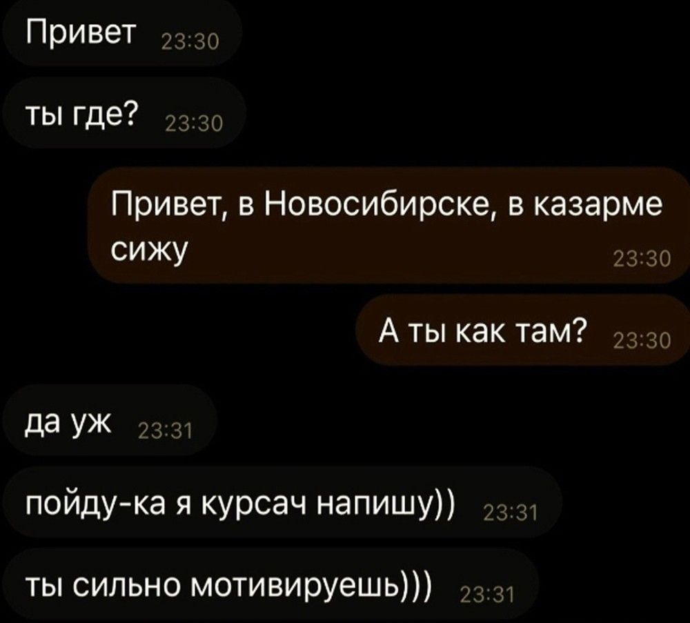 Привет ты где Привет в Новосибирске в казарме сижу _ Аты кактам да УЖ пойдука я курсач напишу ты сильно мотивируешь