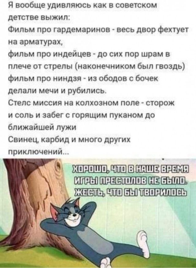Я вообще удивляюсь как в советском детстве выжил Фильм про гардемарииов весь двор Фехтует на арматурах Фильм про индейцев до сих пор шрам в плече от стрелы наконечииксм был гвоздь Фильм про ниндзя из обедов с бочек делали мечи и рубились Степс миссии на колхозном поле строк и соль и забег с горящим пукамом до ближайшей лужи Свинец карбид и много других приключений