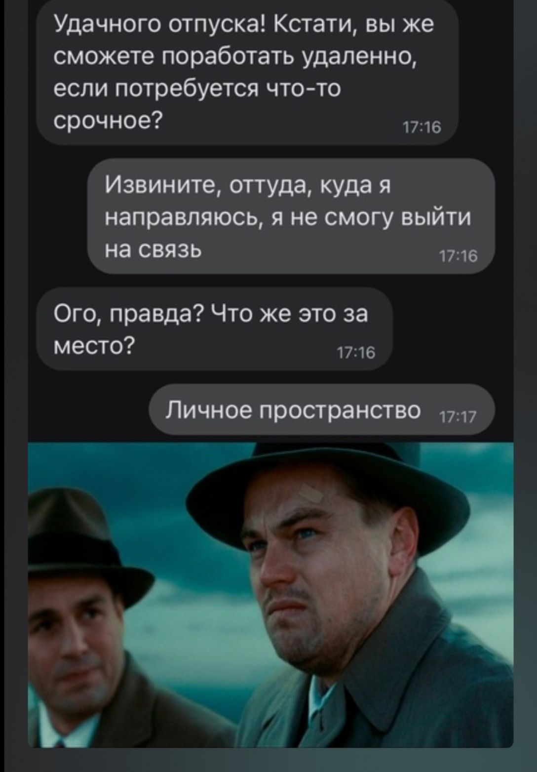 Удачного отпуска Кстати вы же сможете поработать удаленно если потребуется чтото срочное в Извините туда куда я направпякюь я не смогу выйти на связь Ого правда Что же это за место 1716 Личное пространство