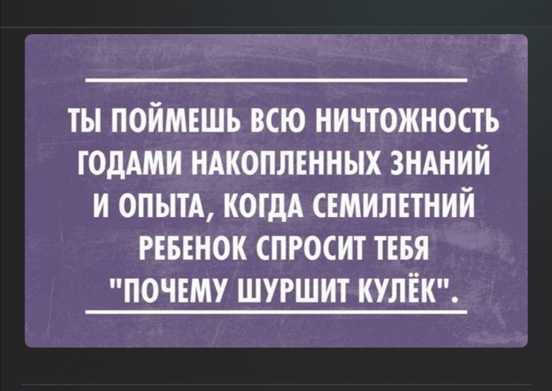 ТЫ ПОЙМЕШЪ ВСЮ НИЧТОЖНОСТЪ ГОДАМ НАКОПЛЕНННХ ЗНАНИЙ И ОПЫТА КОГДА СЕМИЛЕТНИЙ РЕБЕНОК СПРОСИТ ТЕБЯ ПОЧЕМУ ШУРШИТ КУЛЕК