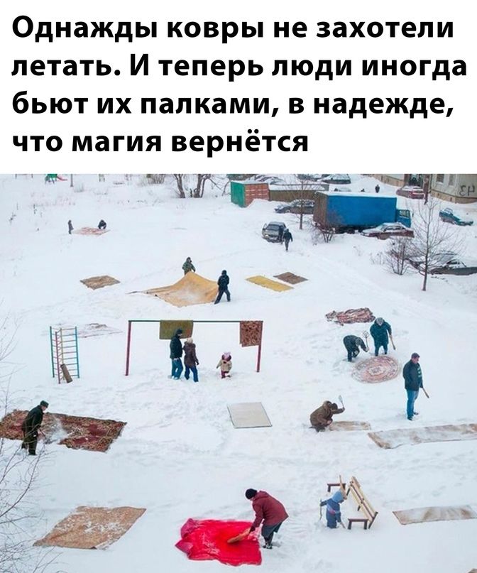 Однажды ковры не захотели летать И теперь люди иногда бьют их папками в надежде что магия вернётся