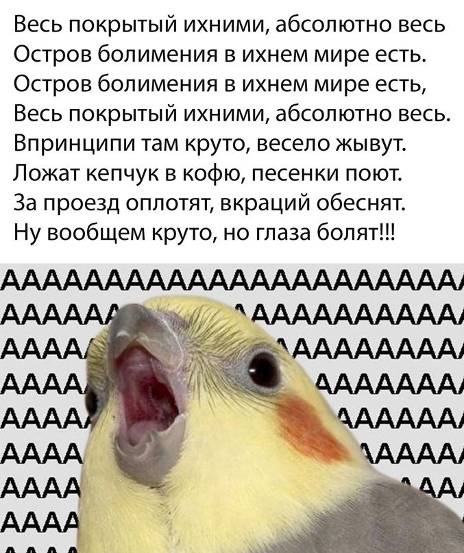 Весь покрытый ихними абсолютно весь Остров бопимения в ихнем мире есть Остров болимения в ихнем мире есть Весь покрытый ихними абсолютно весь Впринципи там круто весело жывуг Ложат кепчук в кофю песенки поют За проезд оппотят вкраций обеснят Ну вообщем круто но глаза болят