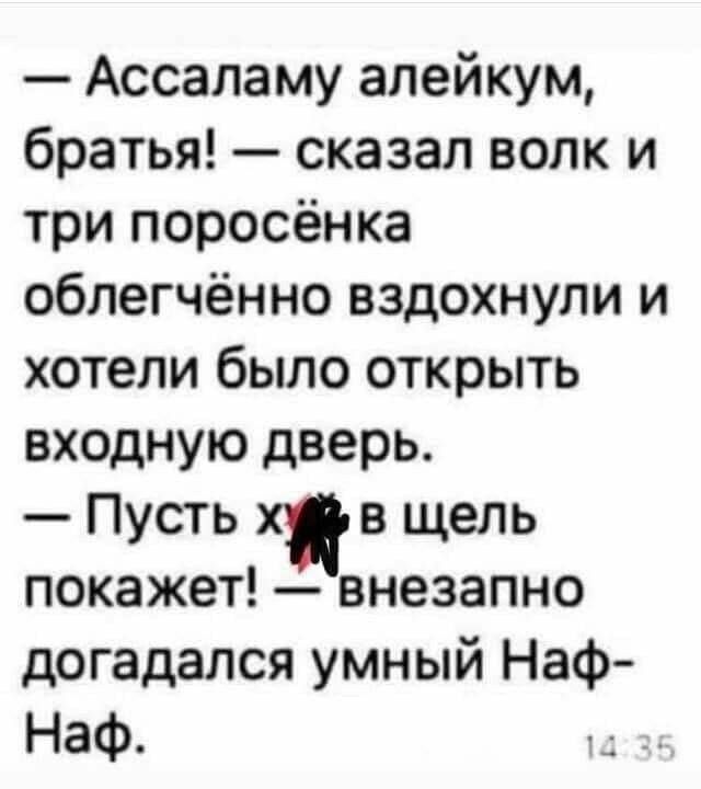 Ассаламу алейкум братья сказал волк и три поросёнка облегчённо вздохнули и хотели было открыть входную дверь Пусть хв щель покажет внезапно догадался умный Наф Наф