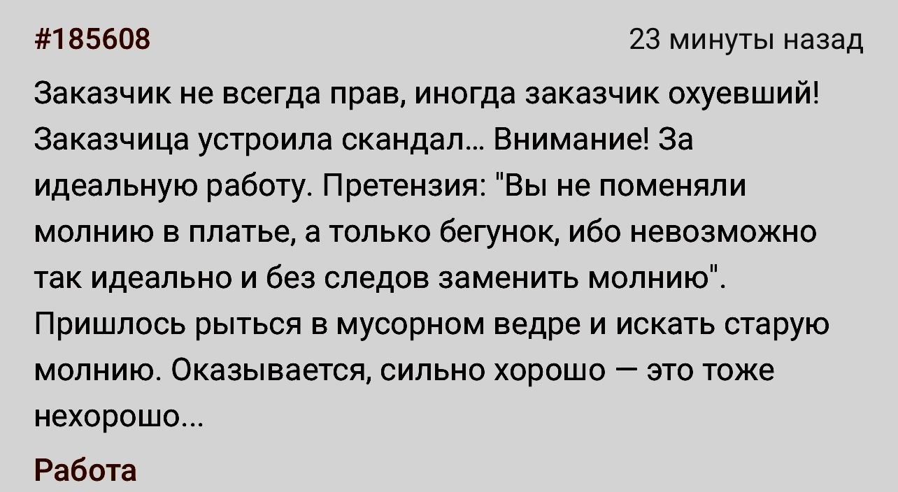 85605 23 минуты Назад Заказчик не всегда прав иногда заказчик охуевший Заказчица устроила скандал Внимание 3а идеальную работу Претензия Вы не поменяли молнию в платье а только бегунок ибо невозможно так идеально и без следов заменить молнию Пришлось рыться в мусорном ведре и искать старую молнию сказывается сильно хорошо _ это тоже нехорошо Рабкин