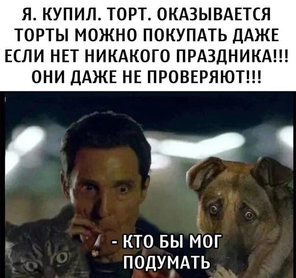 Я КУПИЛ ТОРТ ОКАЗЫВАЕТСЯ ТОРТЫ МОЖНО ПОКУПАТЬ ДАЖЕ ЕСЛИ НЕТ НИКАКОГО ПРАЗДНИКА ОНИ ДАЖЕ НЕ ПРОВЕРЯЮТ и 11 кто вы мог подиить