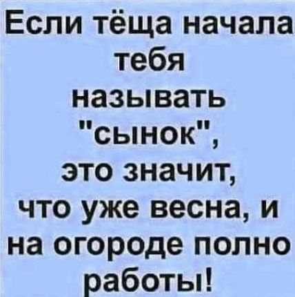 Если тёща начала тебя называть сынок это значит что уже весна и на огороде полно работы