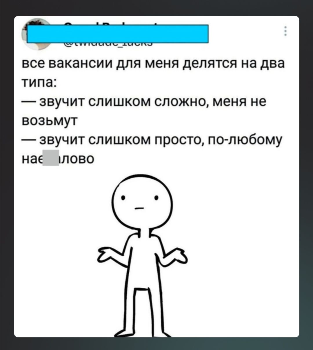 все вакансии для меня делятся на два типа _ ЗВУЧИТ СЛИШКОМ СЛОЖНО МЕНЯ не возьмут звучит слишком просто по любому на тово